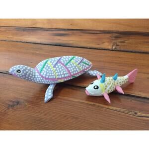 Pair Small Hand Carved Painted Pastel Polka Dot Wooden Sea Turtle Fish Figurines
